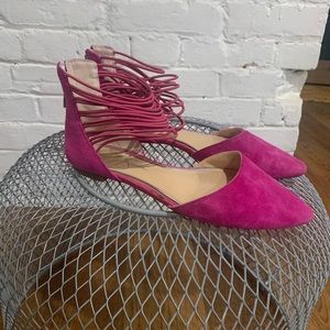 Pink flats zipper back ankle wrap